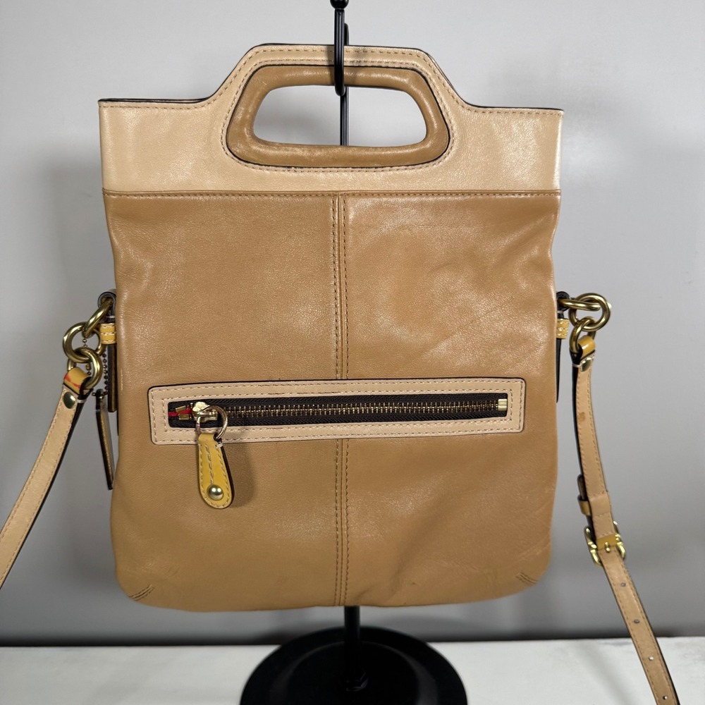 COACH Bonnie Leather Convertible Crossbody Foldover Top Handle Satchel Beige - Picture 2 of 5